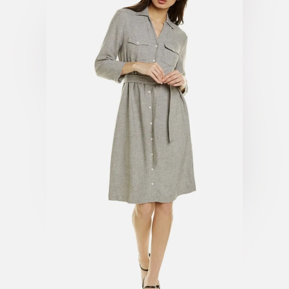 J. McLaughlin Brynn Grey Midi Shirt Dress Belted Tie Waist Collar Office Career